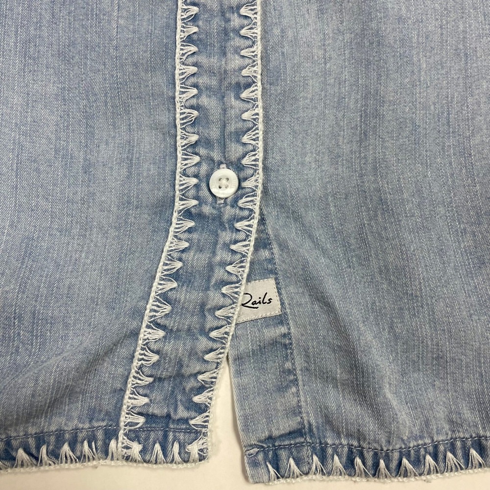 Rails Lea Denim Shirt L Short Sleeve Blanket Stitch Blue Medium Cloud Wash - Picture 9 of 16